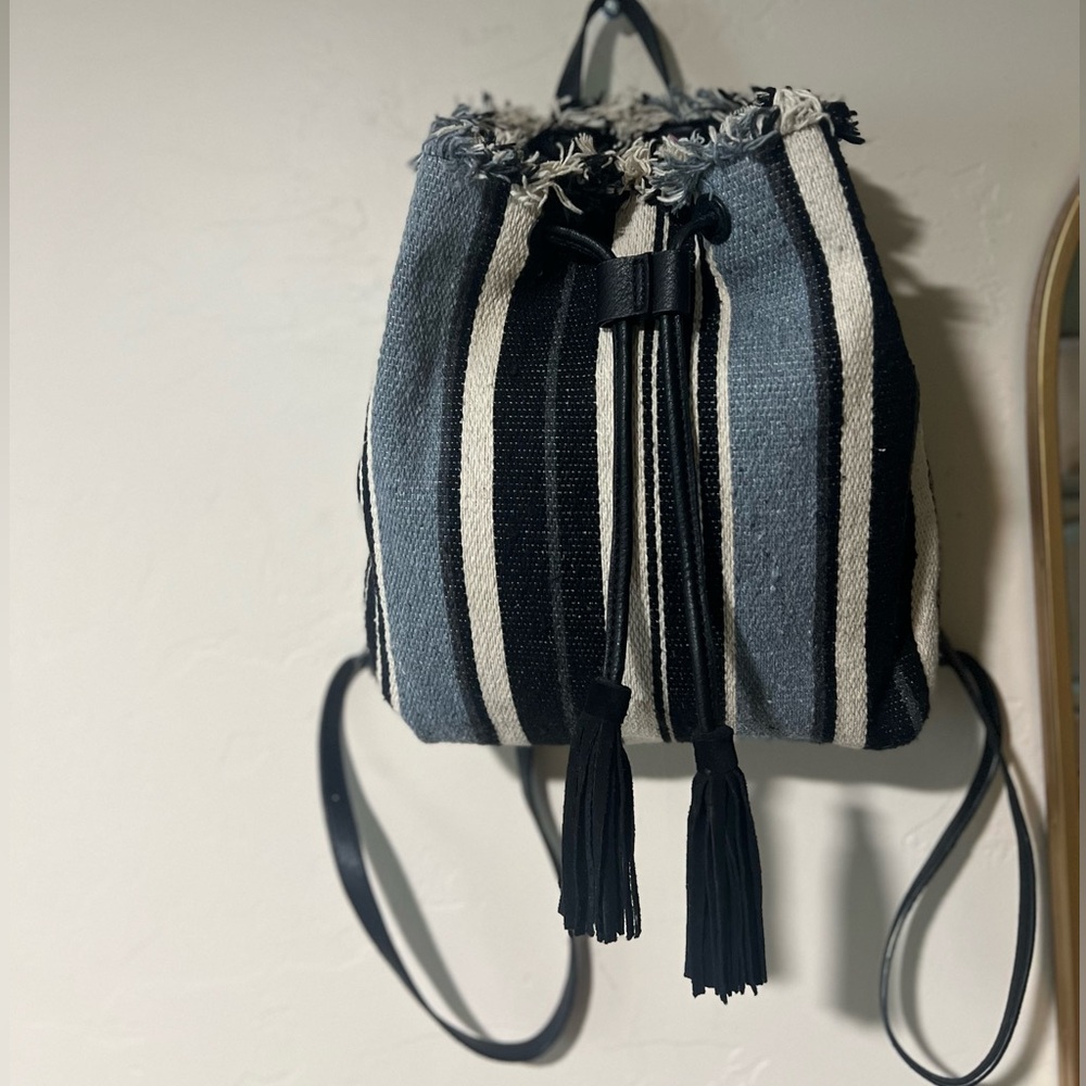 Lucky Brand Alzon Drawstring Clinched Fringed Backpack Blue, Black and Cream